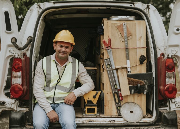 Civil engineer taking a break on a van